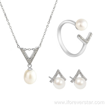Sterling Silver Pearl Earrings Jewelry Set For Women